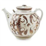 § ALAN CAIGER-SMITH (B. 1930) LARGE STONEWARE TEAPOT painted artist's monogram, brown and green