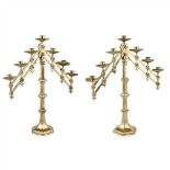 ENGLISH SCHOOL PAIR OF GOTHIC REVIVAL EXTENDING BRASS CANDELABRA, CIRCA 1880 each with six