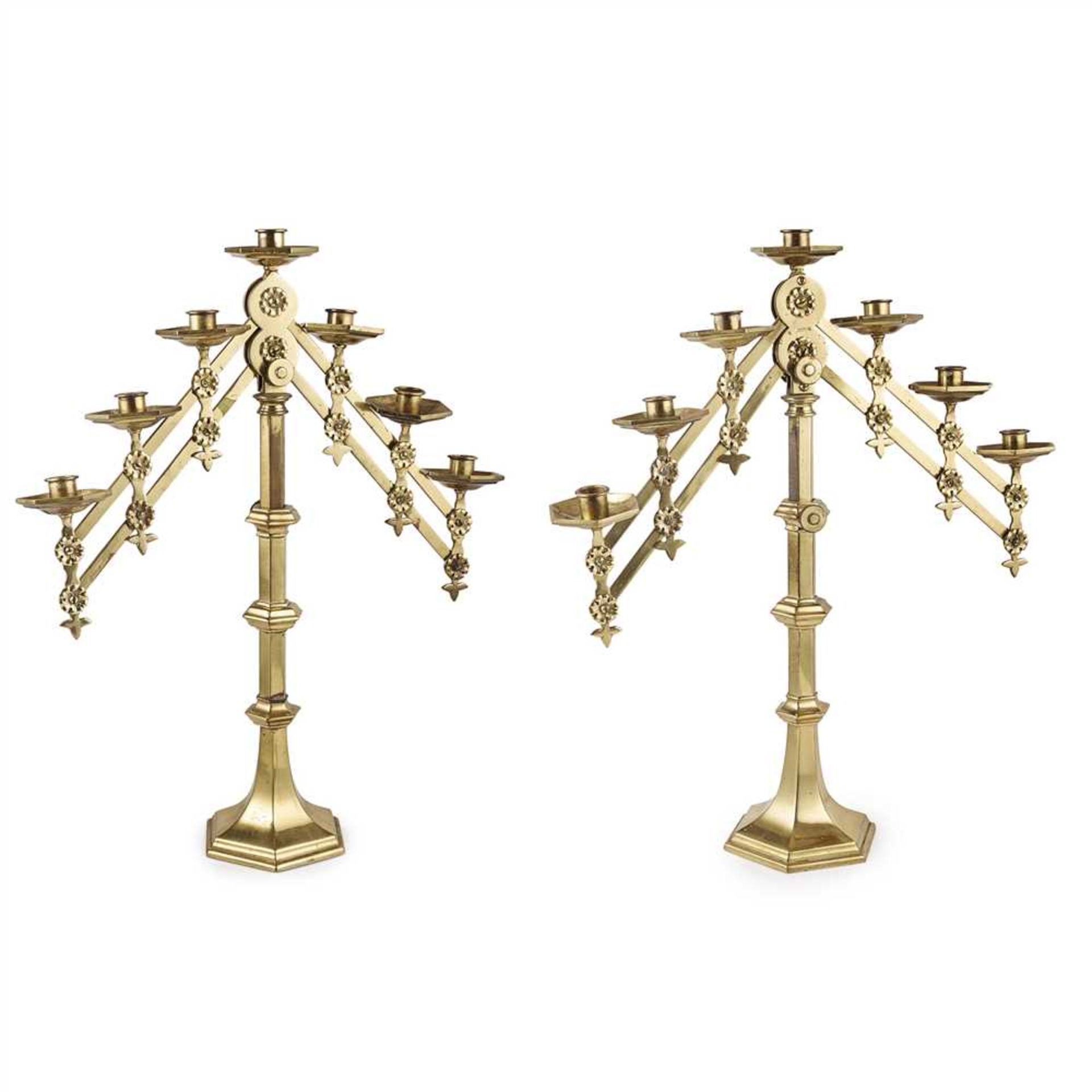 ENGLISH SCHOOL PAIR OF GOTHIC REVIVAL EXTENDING BRASS CANDELABRA, CIRCA 1880 each with six