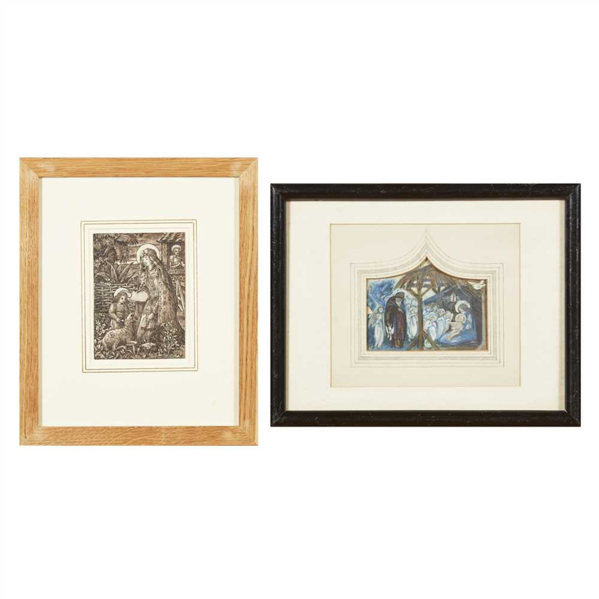 ALFRED HASSAM (1842-1869) THE HOLY FAMILY pen and ink, 13.2cm x 9.8cm ; and REGINALD HALLWARD (