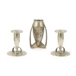 ARCHIBALD KNOX (1899-1933) FOR LIBERTY & CO., LONDON PAIR OF 'TUDRIC' PEWTER CANDLESTICKS, CIRCA