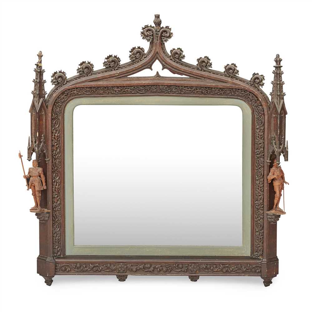 ENGLISH SCHOOL GOTHIC REVIVAL CARVED OVERMANTEL MIRROR, CIRCA 1890 the scrolled cresting above