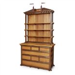 CONTEMPORARY SCHOOL GOTHIC STYLE OAK DRESSER, CIRCA 1990 the cornice with pennant decoration,