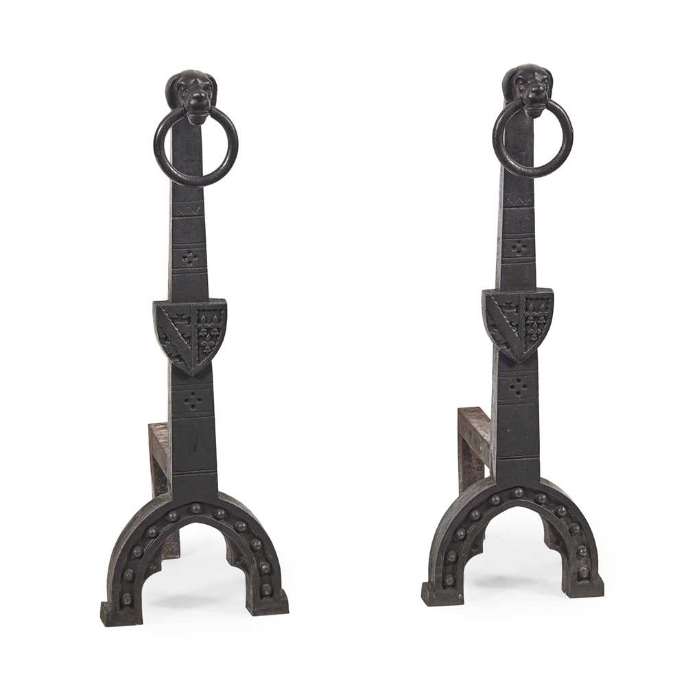 WILLIAM BURGES (1827-1881) FOR HART, SON, PEARD & CO. PAIR OF GOTHIC REVIVAL WROUGHT IRON FIRE DOGS, - Image 2 of 2