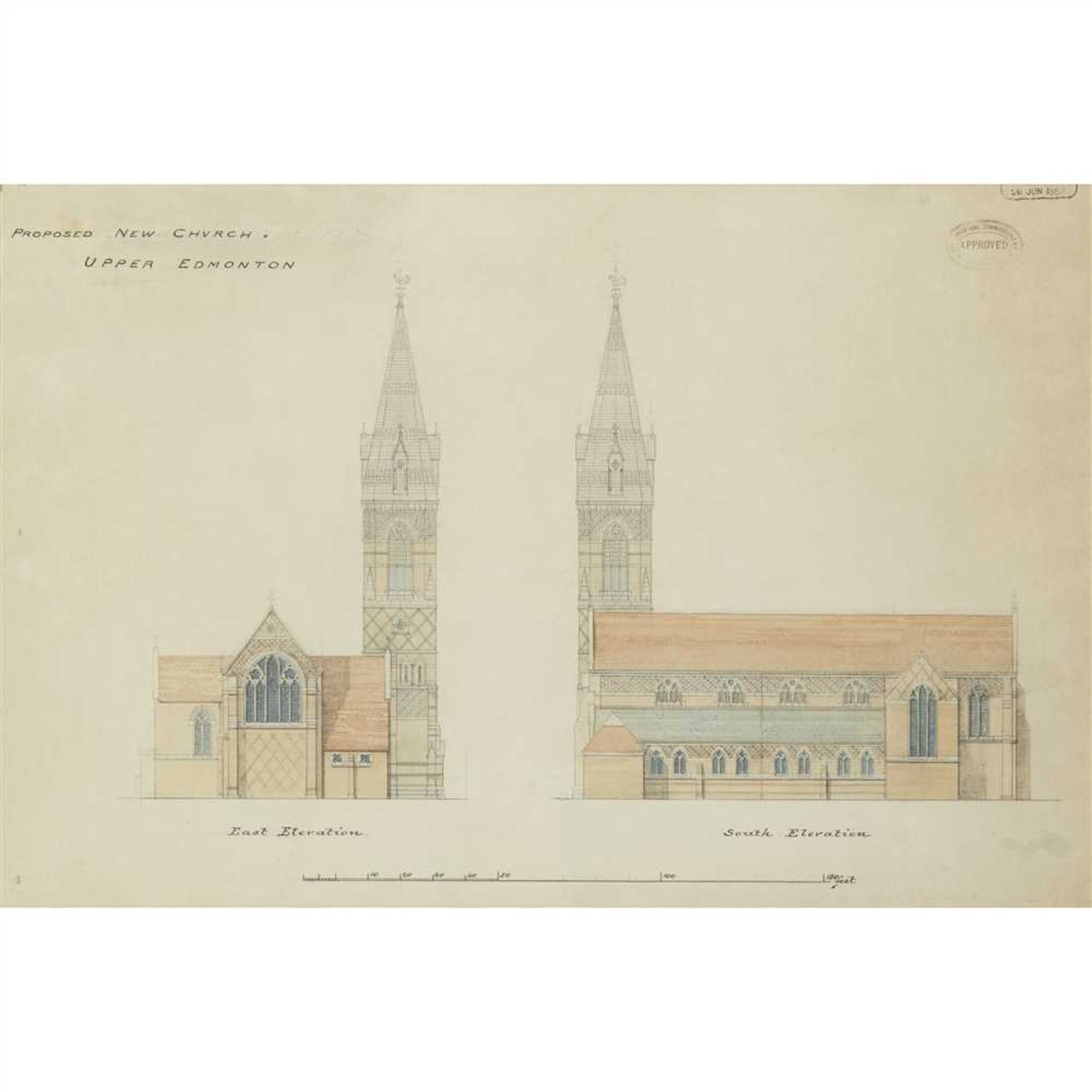 WILLIAM BUTTERFIELD (1814-1900) PROPOSED NEW CHURCH: UPPER EDMONTON, FOUR GOTHIC REVIVAL DRAWINGS, - Image 5 of 10