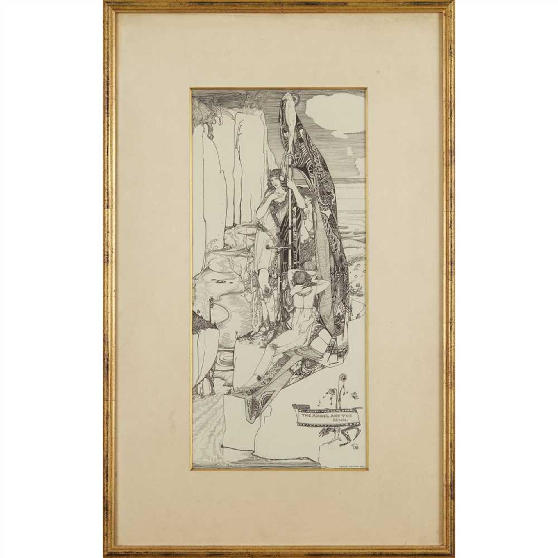 § CECILE WALTON (1891-1956) THE ANGEL AND THE FAWN, DATED 1912 pen and ink, signed, inscribed and