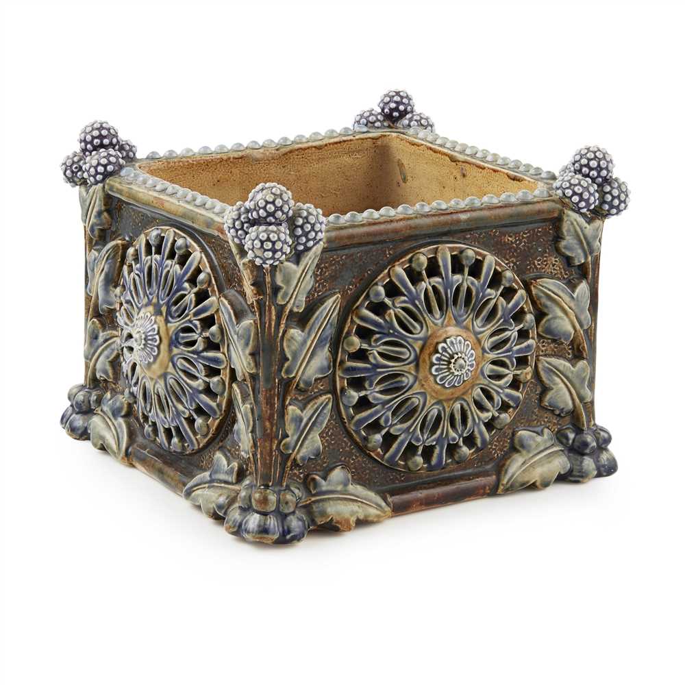 DOULTON & CO., LAMBETH STONEWARE JARDINIÈRE, DATED 1877 of square form, carved in high relief with