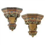 GOTHIC REVIVAL NEAR PAIR OF PAINTED AND GILDED EARTHENWARE WALL BRACKETS, CIRCA 1880 each