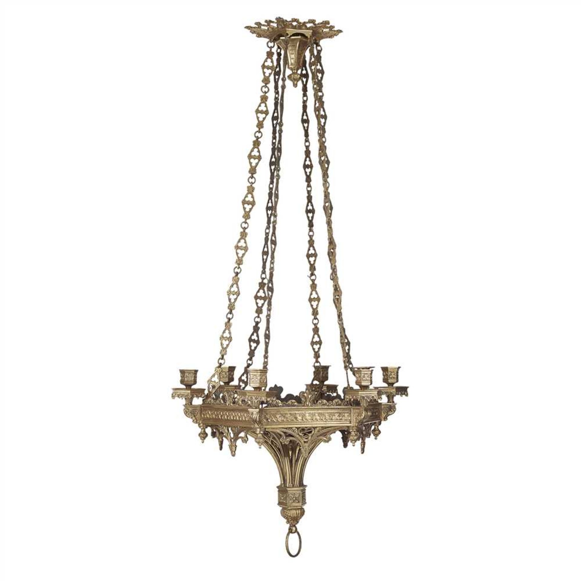 MANNER OF JOHN HARDMAN AND CO. GOTHIC REVIVAL BRASS CHANDELIER, CIRCA 1880 the ceiling rose