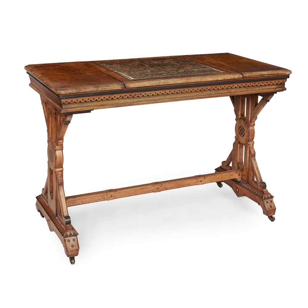 MANNER OF CHARLES BEVAN GOTHIC REVIVAL INLAID WALNUT WRITING TABLE, CIRCA 1870 the rectangular - Image 2 of 2