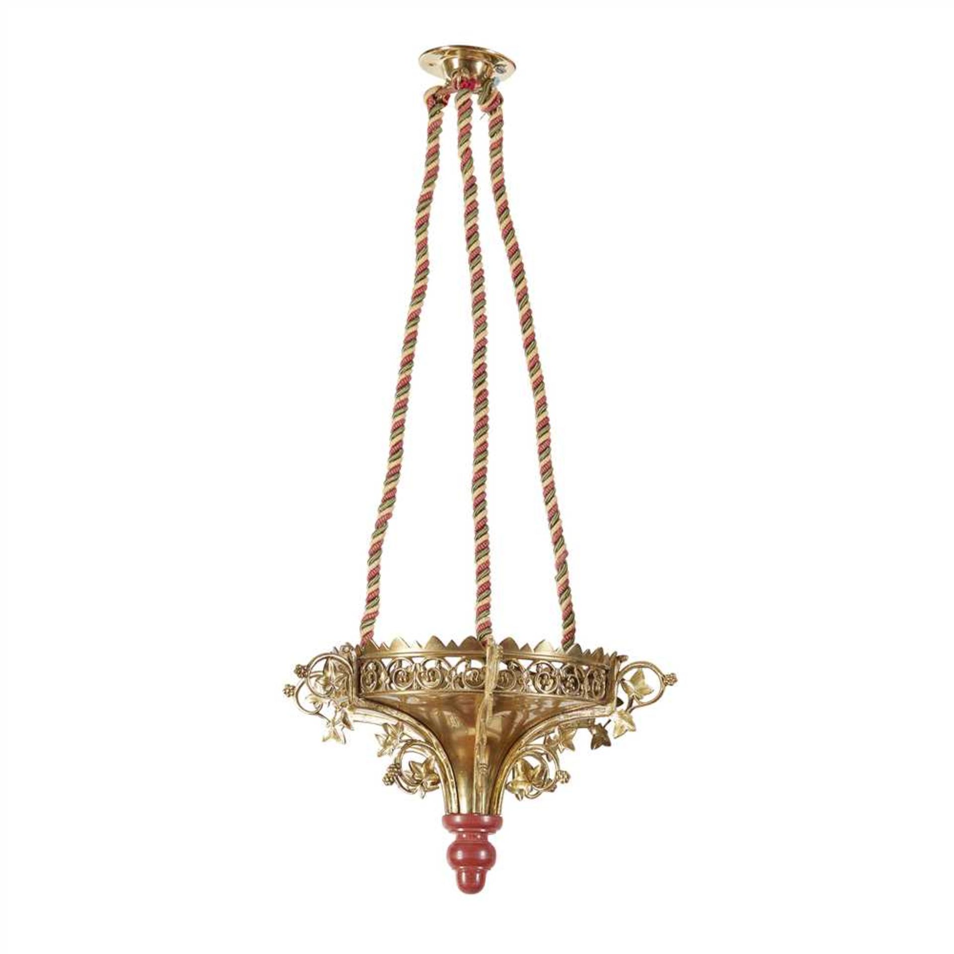 ENGLISH SCHOOL GOTHIC REVIVAL GILT BRASS CHANDELIER, CIRCA 1880 the pierced corona decorated with - Image 2 of 2