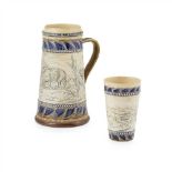 HANNAH BARLOW (1851-1916) FOR DOULTON & CO., LAMBETH STONEWARE LEMONADE PITCHER & BEAKER, DATED with