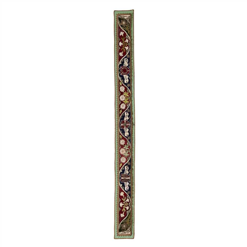 ENGLISH SCHOOL GOTHIC REVIVAL EMBROIDERED STOLE, CIRCA 1870 the red, green and blue velvet field