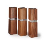 LINLEY SET OF THREE WALNUT 'KUBIKOS' CANDLE STICKS, CONTEMPORARY of tall cuboid form with acrylic
