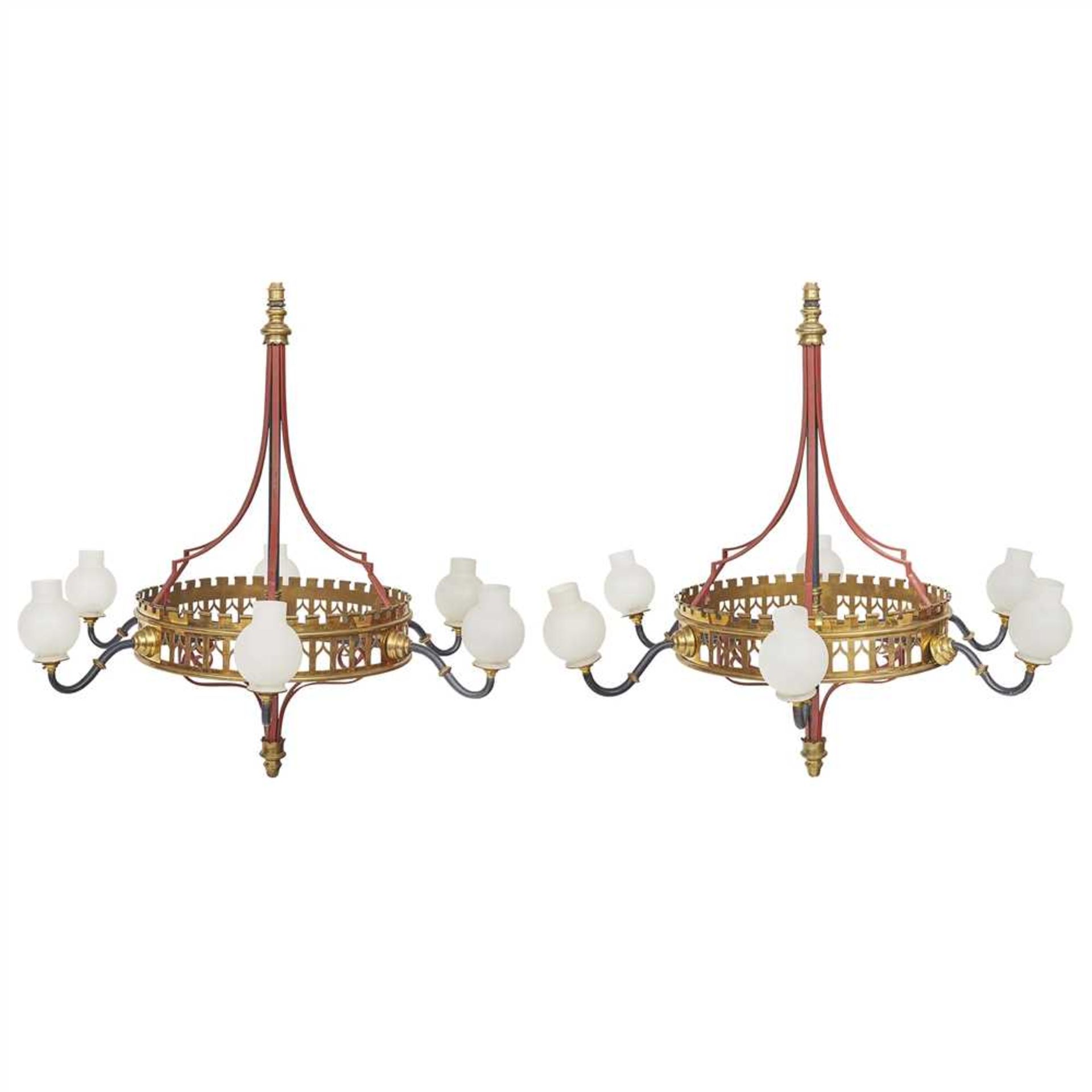 ENGLISH SCHOOL PAIR OF GOTHIC REVIVAL BRASS AND WROUGHT IRON CANDELABRA, CIRCA 1880 converted to