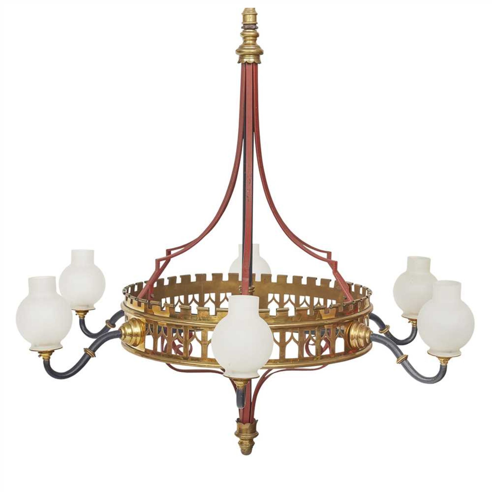 ENGLISH SCHOOL PAIR OF GOTHIC REVIVAL BRASS AND WROUGHT IRON CANDELABRA, CIRCA 1880 converted to - Image 2 of 3