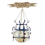 ENGLISH SCHOOL AESTHETIC MOVEMENT WROUGHT IRON AND COPPER CEILING LIGHT, CIRCA 1880 with spherical