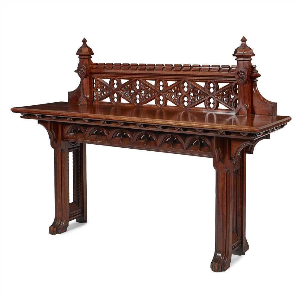 MANNER OF AUGUSTUS WELBY NORTHMORE PUGIN GOTHIC REVIVAL OAK SIDE TABLE, CIRCA 1890 with elaborate