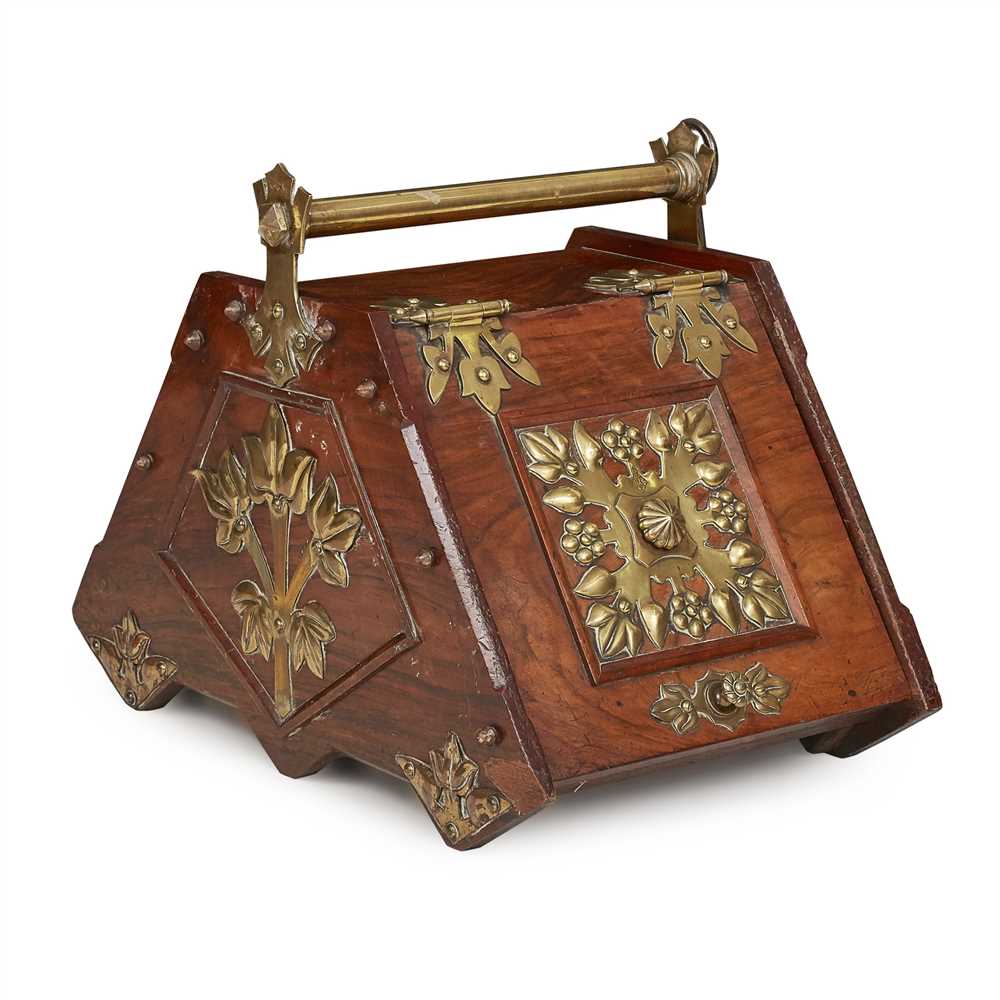 ENGLISH SCHOOL GOTHIC REVIVAL WALNUT AND BRASS MOUNTED COAL BOX, CIRCA 1870 the sloping sides with