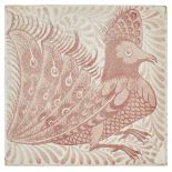 WILLIAM DE MORGAN (1839-1917) RUBY LUSTRE TILE, CIRCA 1890 depicting a seated peacock, stamped marks