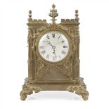 ENGLISH SCHOOL GOTHIC REVIVAL CAST BRASS MANTEL CLOCK, MID-19TH CENTURY the silvered dial with