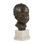 HELLA UNGER BRONZE HEAD OF A BOY mid-brown patina, raised on a marble base, signed HELLA UNGER/ 844/