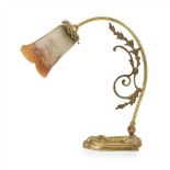 JEAN NOVERDY, FRANCE ART NOUVEAU BRASS TABLE LAMP, CIRCA 1920 with frosted glass shade, signed on