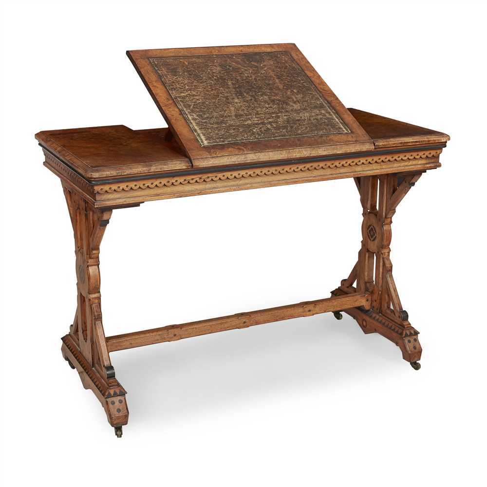 MANNER OF CHARLES BEVAN GOTHIC REVIVAL INLAID WALNUT WRITING TABLE, CIRCA 1870 the rectangular