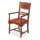 ENGLISH SCHOOL ARTS & CRAFTS INLAID ELM ARMCHAIR, CIRCA 1900 the broad top rail with inlaid plant