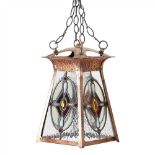 ENGLISH SCHOOL ARTS & CRAFTS COPPER HANGING LIGHT, EARLY 20TH CENTURY of tapering square section