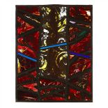 § DOUGLAS HOGG (B. 1948) THE THIN BLUE LINE, STAINED AND LEADED GLASS PANEL, 1990 signed in the