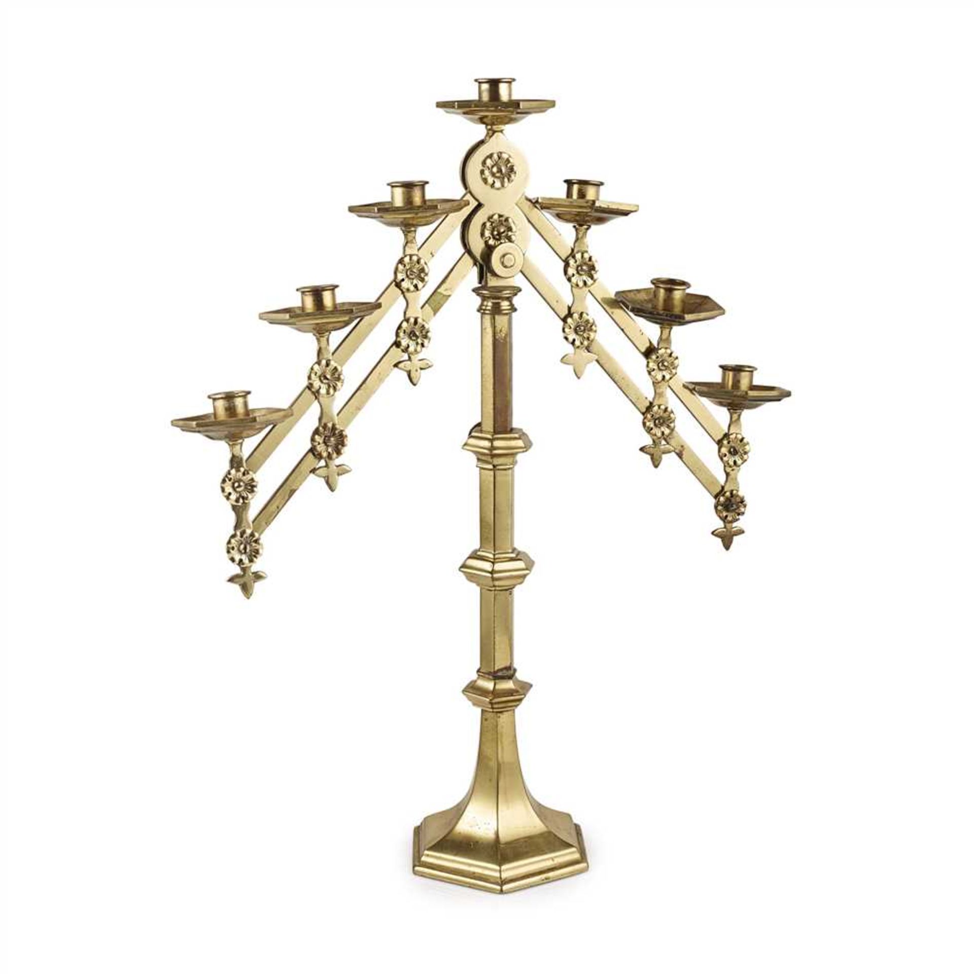 ENGLISH SCHOOL PAIR OF GOTHIC REVIVAL EXTENDING BRASS CANDELABRA, CIRCA 1880 each with six - Image 3 of 3