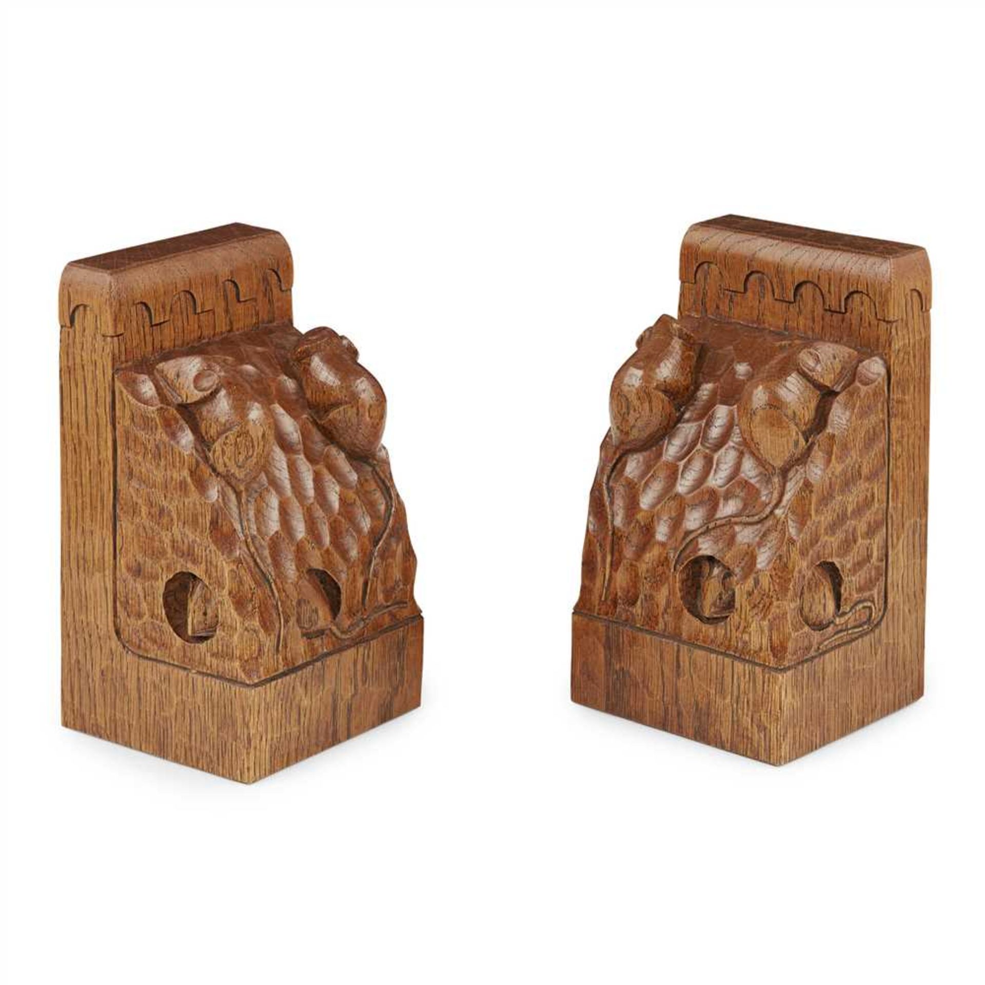 WORKSHOP OF ROBERT 'MOUSEMAN' THOMPSON PAIR OF OAK TRIPLE MICE BOOKENDS, CIRCA 1970 each carved with