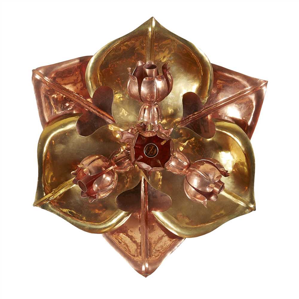 MANNER OF WILLIAM ARTHUR SMITH BENSON ARTS & CRAFTS BRASS AND COPPER CEILING LIGHT, CIRCA 1900 the - Image 2 of 2