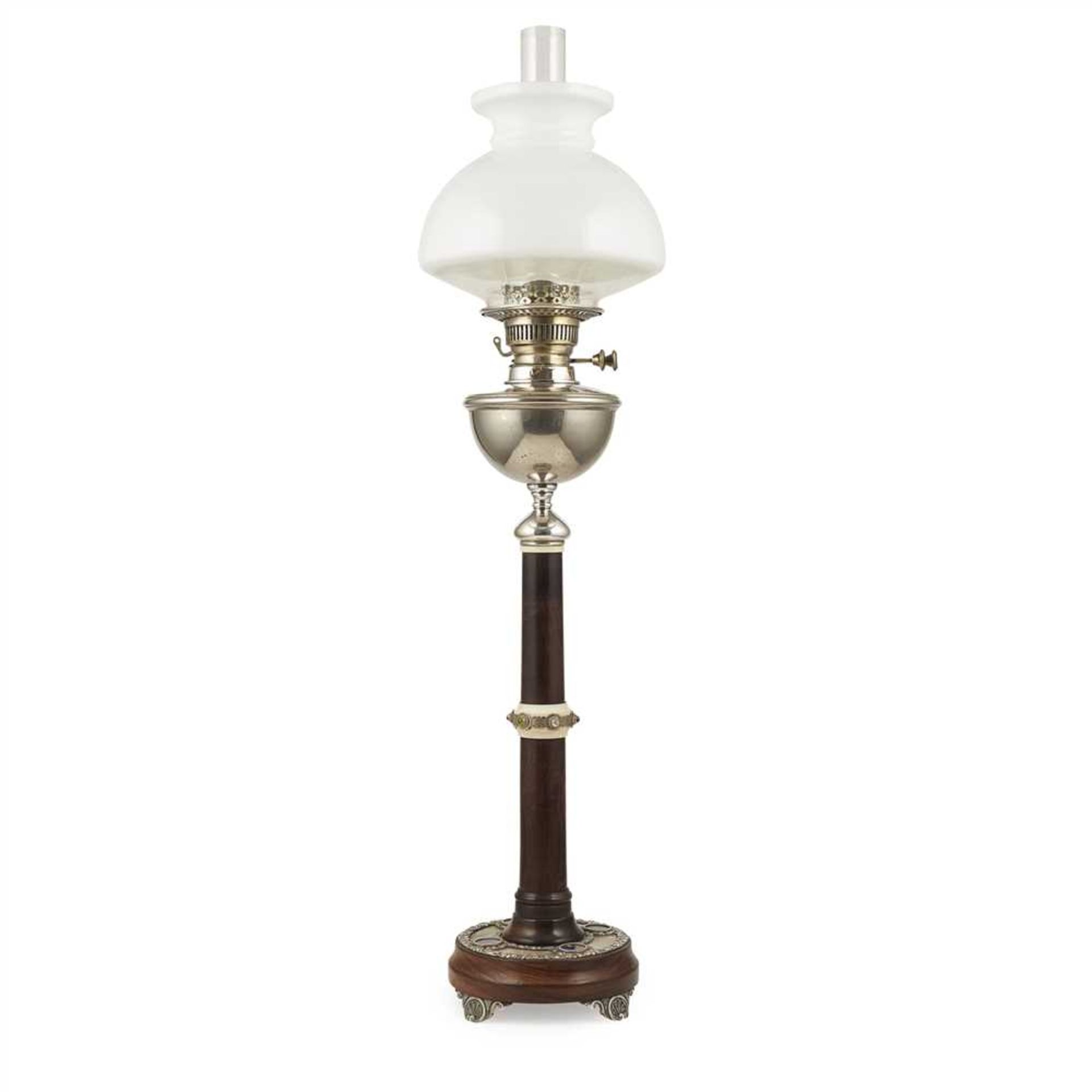Y ENGLISH SCHOOL ARTS & CRAFTS COROMANDEL, IVORY AND JEWELLED TABLE LAMP, CIRCA 1900 the silvered