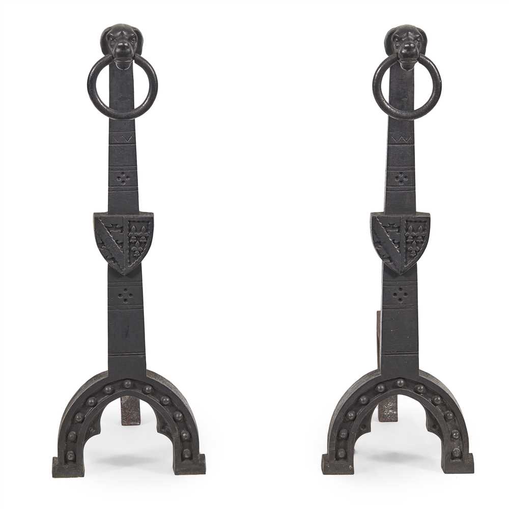 WILLIAM BURGES (1827-1881) FOR HART, SON, PEARD & CO. PAIR OF GOTHIC REVIVAL WROUGHT IRON FIRE DOGS,