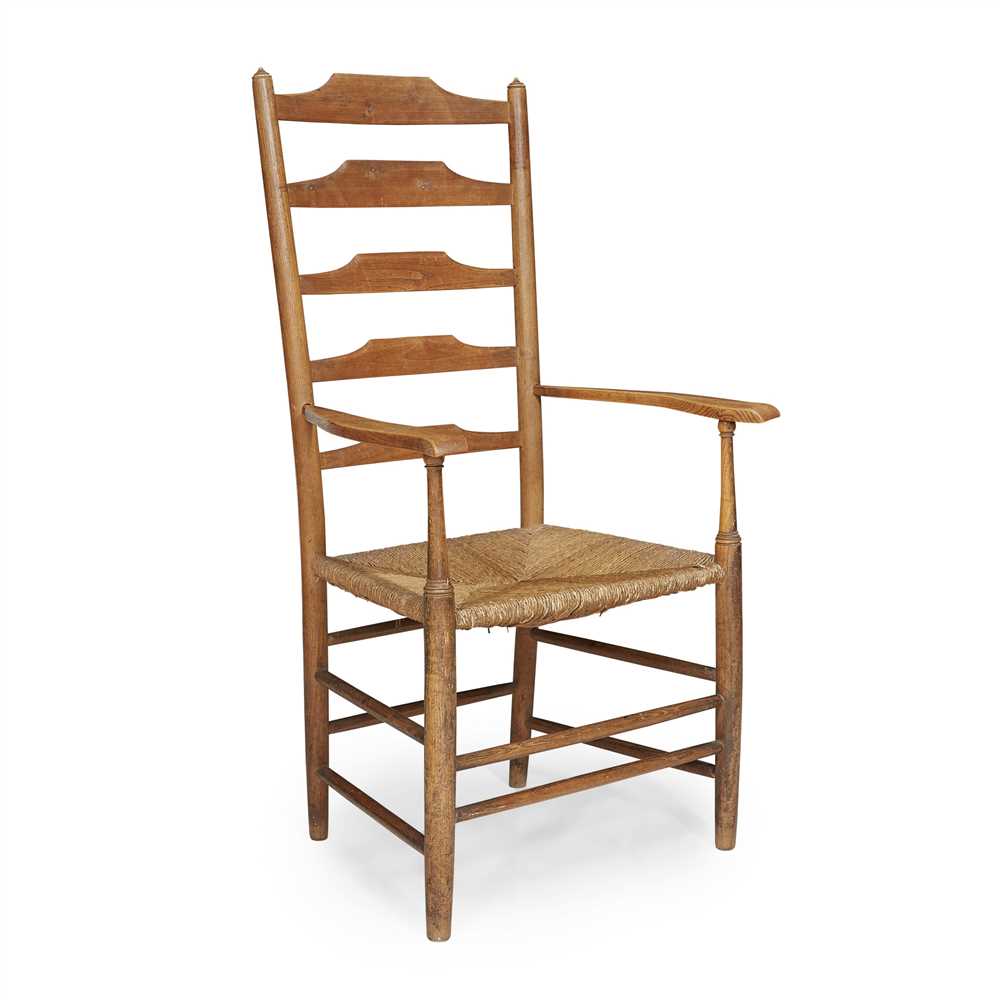 COTSWOLD SCHOOL ARTS & CRAFTS ELMWOOD LADDERBACK ARMCHAIR, CIRCA 1900 with moulded open arms