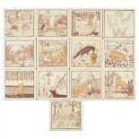 ATTRIBUTED TO CLEMENT HEATON FOR MINTON, HOLLINS & CO. SET OF THIRTEEN AESTHETIC MOVEMENT 'AESOP'S