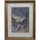 20th century English School Edwardian figures near Trafalgar Square at dusk Watercolour 34cm x 24cm