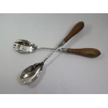 A pair of Mappin and Webb silver plated salad servers with oak wood handles