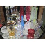 Two Teign Valley white trailing glass bowls, another in red and a blue vase, a pair of Dartington