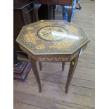 An Italian Sorrento marquetry octagonal top table, the hinged lid over an inlaid frieze and square