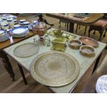 A brass and copper spirit kettle, three brass trays, a Victorian brass money box and other