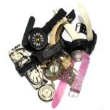 A collection of ladies fashion watches and a box of costume jewellery