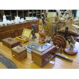 A George III style mahogany tea caddy, various other timber boxes and carvings, and an Art Deco