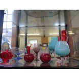 Various red and blue glass vases and other clear glass vases (11)