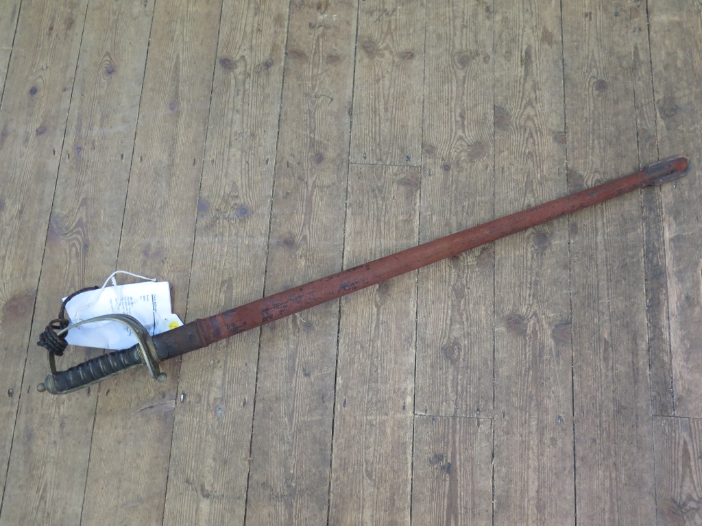 A George V Infantry Officer's sword with leather scabbard, possibly Durham Light Infantry 102cm