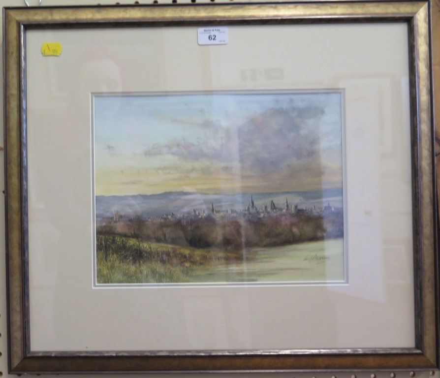 K.J. Mosser The spires of Oxford at sunrise Watercolour, signed 24cm x 31cm