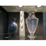 A Laugherne Welsh studio glass iridescent vase 19cm high with blue silvery beige pattern together