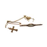 A gold bar brooch, a gold cross, a gold tie pin and a pearl pendant on 9 carat chain